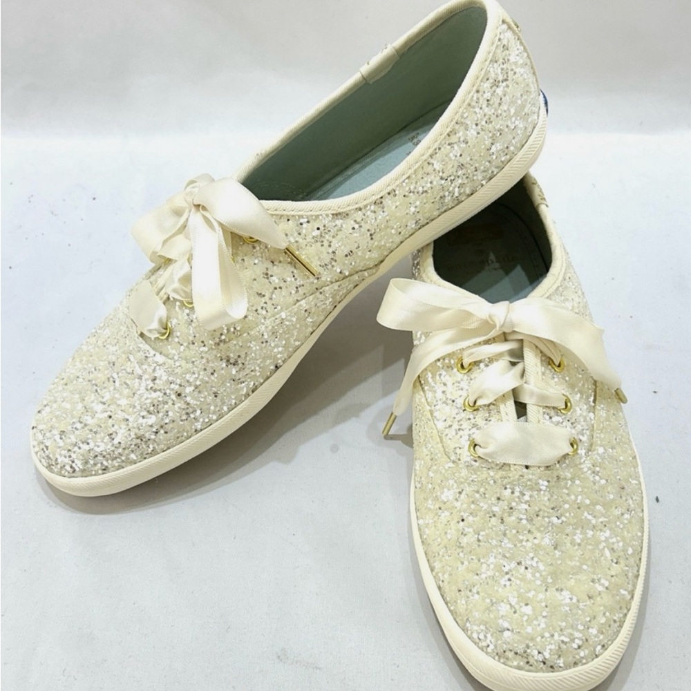 NEW IN BOX! Keds x Kate Spade Ivory Glitter Satin Ribbon Sneakers Size 8